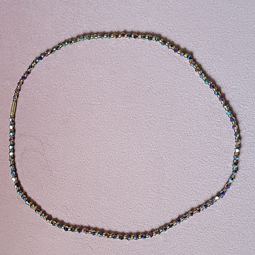 Elegant Dark Iridescent Beaded Gold Necklace